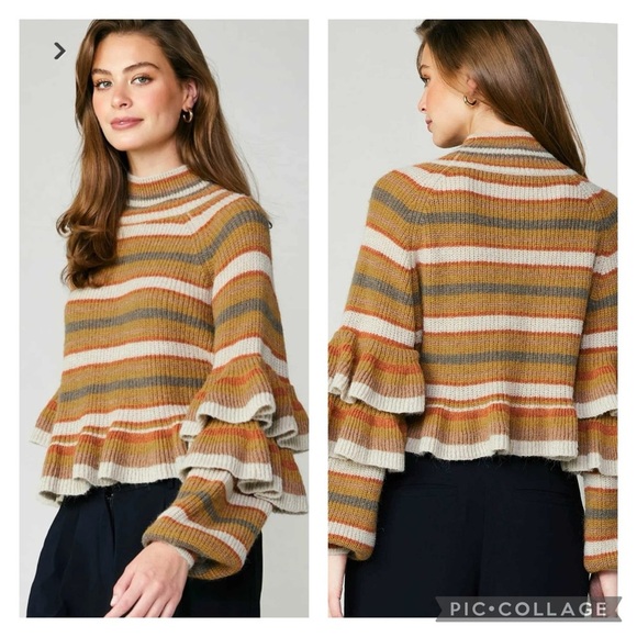 Current Air Mustard Strip Mock Neck Ruffled Sweater Size Small - Picture 2 of 15